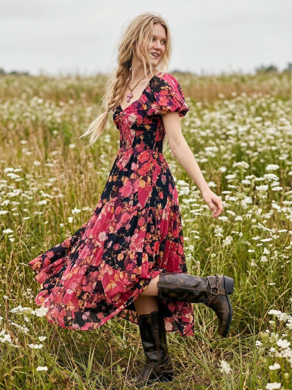 Free People Bohemian Floral Patchwork Sundrenched Maxi Dress Large